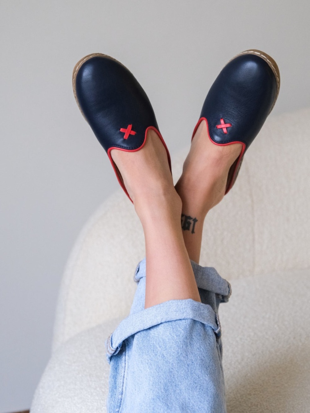 Charix Navy Leather Slip-On Mules with Red Trim size 40